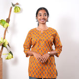 Round neck cotton short kurti -Caramel