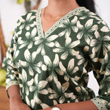 V neck cotton short kurti - Forest green