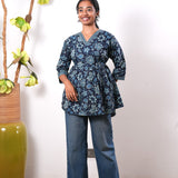 Peplum cotton short kurti - Blue flora