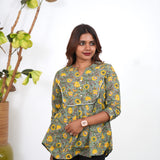Sage green floral flared cotton short kurti
