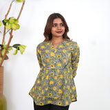 Sage green floral flared cotton short kurti
