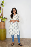 Blue floral V neck cotton kurti