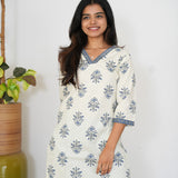 Blue floral V neck cotton kurti