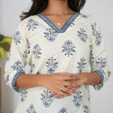 Blue floral V neck cotton kurti