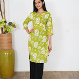 Lime green roses cotton kurti