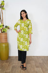 Lime green roses cotton kurti