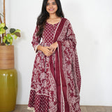 Berry floral gown cotton suit set