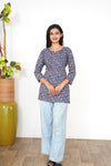 Royal blue floral cotton short kurti