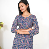 Royal blue floral cotton short kurti