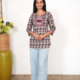 Olive green and maroon cotton short kurti