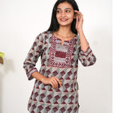 Olive green and maroon cotton short kurti