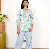 Pastel green floral cotton short kurti