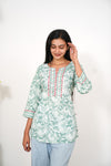 Pastel green floral cotton short kurti