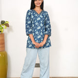 Indigo floral V neck cotton short kurti