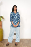 Indigo floral V neck cotton short kurti