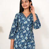 Indigo floral V neck cotton short kurti