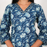 Indigo floral V neck cotton short kurti
