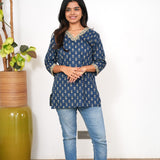 Indigo butta V neck cotton short kurti