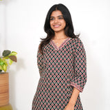 Black ajrakh V neck cotton short kurti