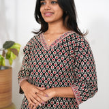 Black ajrakh V neck cotton short kurti