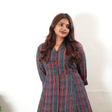 Red and blue muslin button down shirt dress