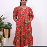 Red puff sleeve cotton maternity nursing wear