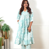 Turquoise V neck  cotton co-ords set