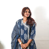 Navy floral angrakha cotton suit set