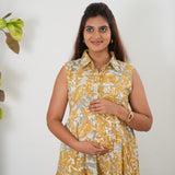 Grey and mustard button down cotton shirt dress(attached sleeves)