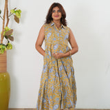 Mustard paisley button down cotton shirt dress(attached sleeves)