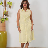 Butter yellow stripes linen button down shirt dress(attached sleeves)