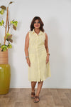 Butter yellow stripes linen button down shirt dress(attached sleeves)