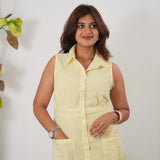 Butter yellow stripes linen button down shirt dress(attached sleeves)