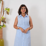 Blue stripes linen button down shirt dress(attached sleeves)