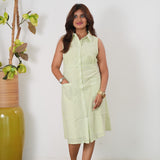 Green stripes linen button down shirt dress(attached sleeves)