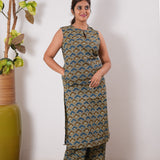 Indigo and brown cotton co-ords set(attached sleeves)