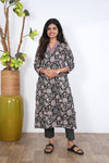 Black floral V neck cotton co-ords set