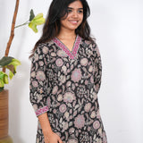 Black floral V neck cotton co-ords set