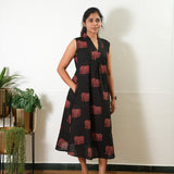 Ira cotton v neck gathered dress-Black elephant(attached sleeves)