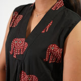 Ira cotton v neck gathered dress-Black elephant(attached sleeves)