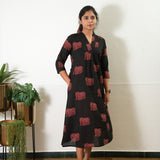 Ira cotton v neck gathered dress- Black elephant