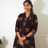 Ira cotton v neck gathered dress- Black elephant