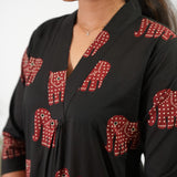 Ira cotton v neck gathered dress- Black elephant