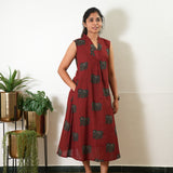 Ira cotton v neck gathered dress-Red elephant(attached sleeves)