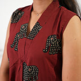 Ira cotton v neck gathered dress-Red elephant(attached sleeves)