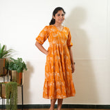 Tangerine balloon sleeved cotton midi dress