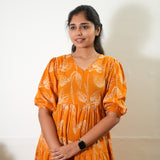 Tangerine balloon sleeved cotton midi dress