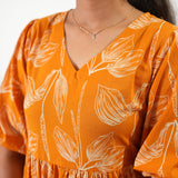 Tangerine balloon sleeved cotton midi dress