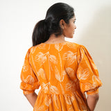 Tangerine balloon sleeved cotton midi dress