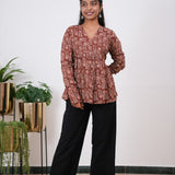 Brown full sleeve cotton short kurti